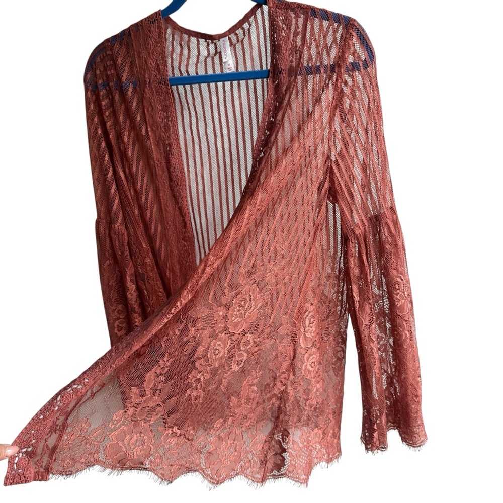 Xhilaration Burnt Rose Sheer Lace Kimono Cardigan Medium - Picture 3 of 10